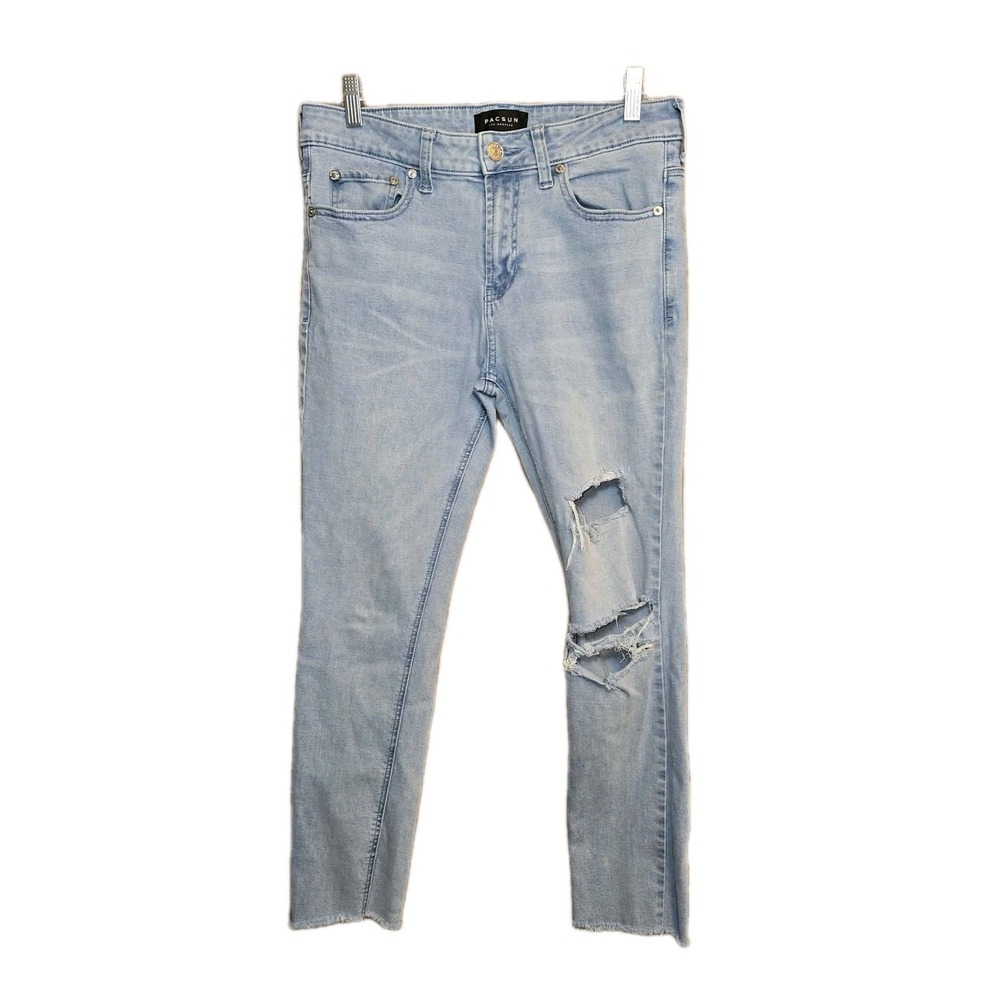 PacSun Men's Skinny Jeans 31x32 Light Wash Distressed Active Stretch 👖Raw Hem